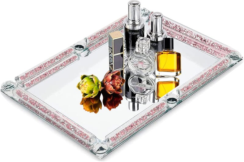LFGKeng Crystal Perfume Tray,Crushed Diamond Filled Crystal Glass Tray,11.8" x 7.9" Rectangular Cosmetic Makeup Vanity Trays,Mirror Jewelry Trinket Tray,Serving Tray for Home Decor,Party,Hotel Banquet (Rose) - Image 1